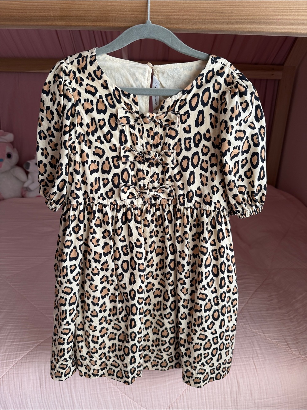 Janie and Jack Leopard Print Bow-Front Puff Sleeve Dress - Beige/Black
